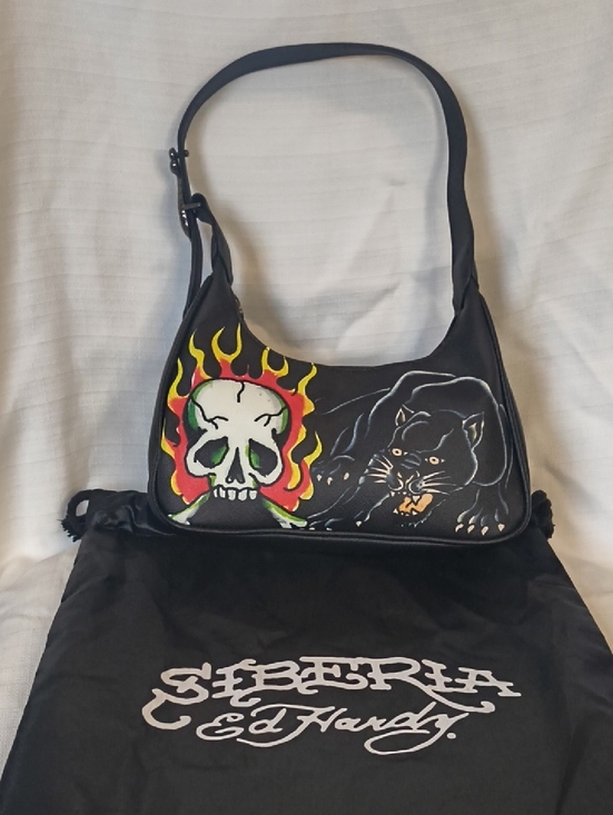 Ed Hardy Handbags - Ed Hardy Black Shoulder Bag with Flaming Skull and Panther Artwork NWOT